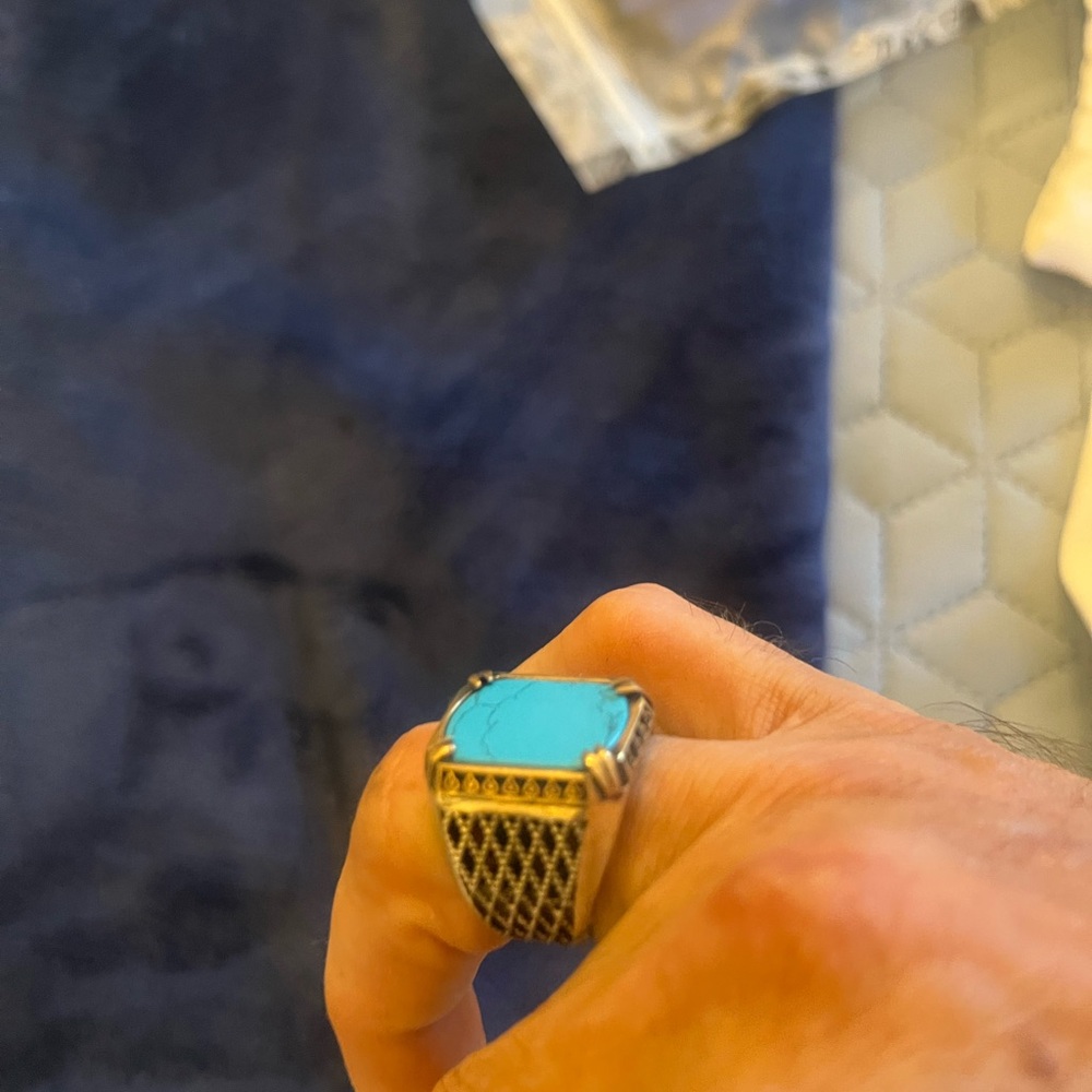 Turquoise Stone Men's Silver Ring - Blue Accent - Picture 4 of 9